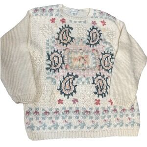 Shenanigans Medium Hand Knit Chunky Sweater Floral Grandma Cottagecore Vintage